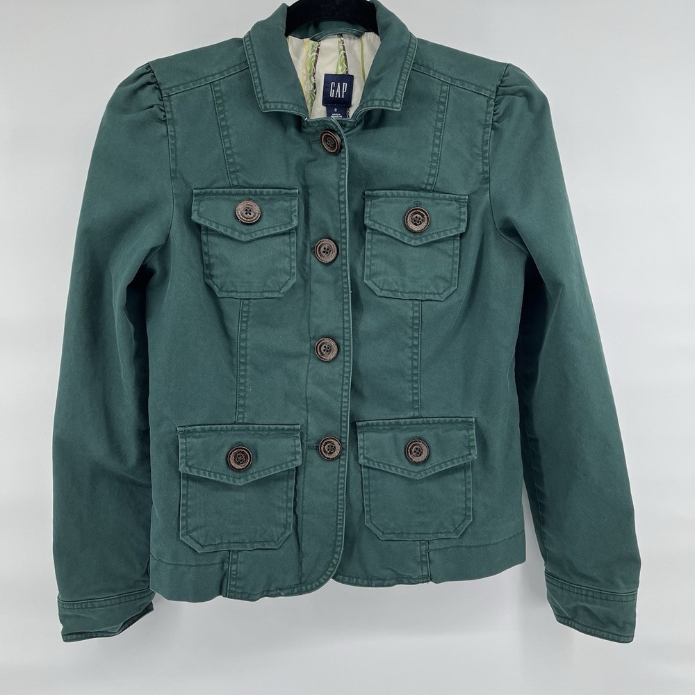 Vintage GAP Womens Size 2 Field Jacket Green Colored Denim Multi Pockets Lined